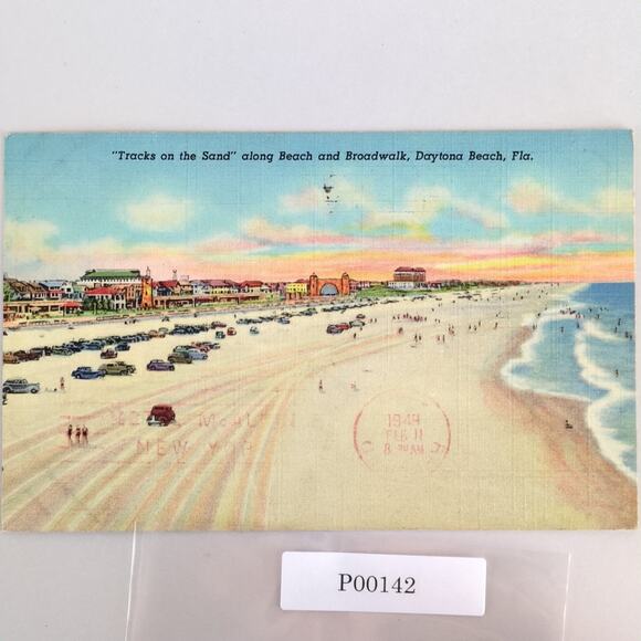 Vintage Daytona Beach Florida Linen Postcard Tracks on the Sand Broadwalk 1949 - Picture 1 of 2